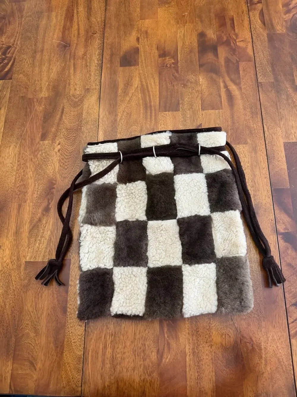 Vintage Genuine Fur Patchwork Drawstring Bucket Bag Brown Cream Made Spain